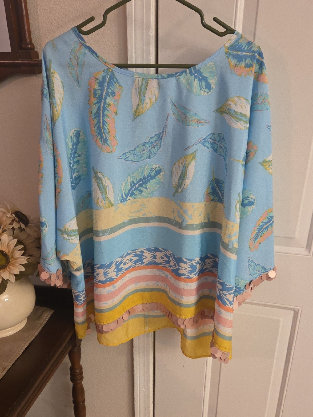 Melissa Paige Pastel Feather Print Blouse in Light Blue 2x